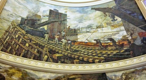 Mural de la construcción del vertedero de la presa de Gatún (William B. Van Ingen). Cúpula del edificio de la administración del canal (ACP). Foto L. Correa