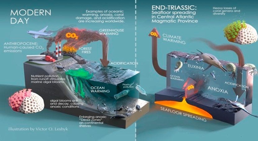 reacción cadena eventos ambientales mató vida Triásico